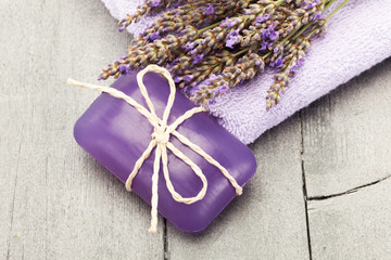 Lavender soap over wooden table