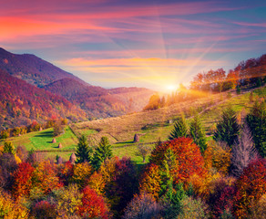 Colorful autumn morning in the mountain village
