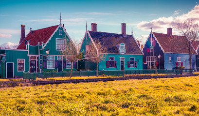 Tipical Dutch village Zaanstad in spring sunny day