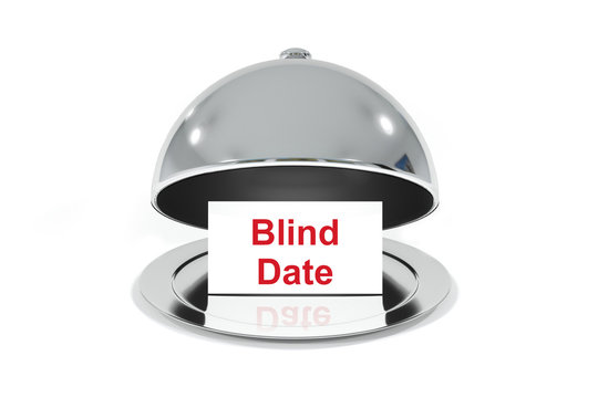 silver cloche with white sign blind date