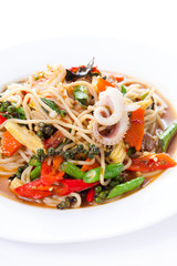 Seafood pasta on white background