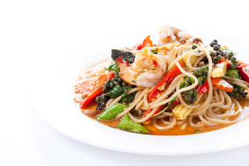 Seafood pasta on white background
