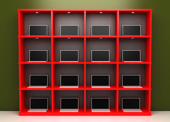 Red shelf with many laptops; original 3d model and rendering.