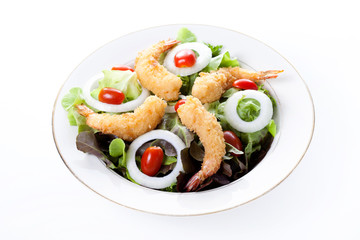 Deep fried shrimp with salad and mayonnaise on dish