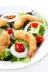 Deep fried shrimp with salad and mayonnaise on dish