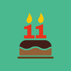 The birthday cake with candles in the form of number 11 icon. Birthday symbol. Flat