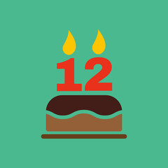 The birthday cake with candles in the form of number 12 icon. Birthday symbol. Flat