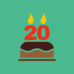 The birthday cake with candles in the form of number 20 icon. Birthday symbol. Flat