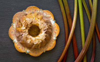 Rhubarb Bundt Cake With Stems Antique Pictures Plate on Slate Ba