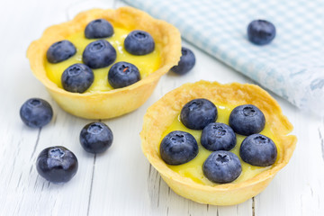 Tartlets with lemon curd and blueberries, closeup