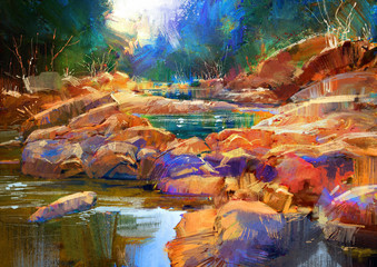 Plakaty  piękne jesienne linie rzeki z kolorowymi kamieniami w jesiennym lesie, malarstwo cyfrowe