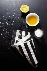 the concept of fried snacks. empty packaging