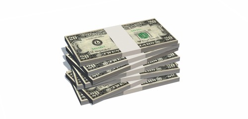 Stacks of 20 dollars Bills isolated on white background