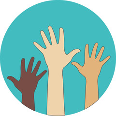 Circle flat icon. Hands raised up. Concept of volunteerism, mult