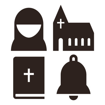 Nun, church, bible and bell icons