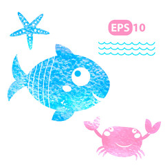 sea elements - hand draw watercolor painting on white background.