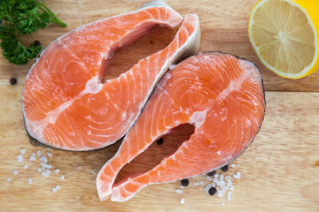 upper view of two salmon steaks
