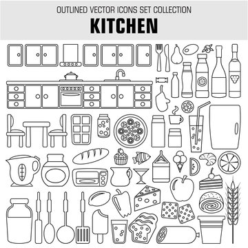 Outline set cooking and food icons. Vector