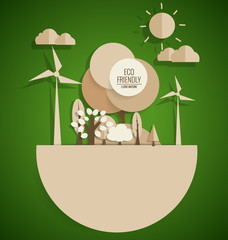 Ecology concept. Paper cut of tree on green background. Vector i