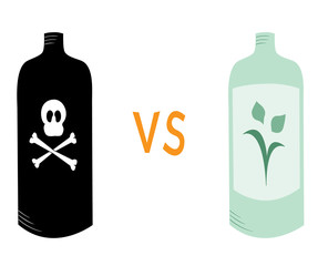 Vector image of two bottles - one toxic and black, the other environmentally friendly and green, with a versus symbol in between