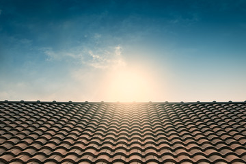 Fototapeta red tile roof blue sky,vintage filter obraz