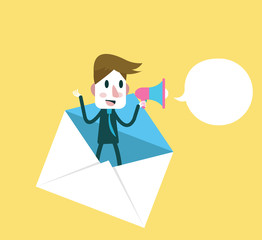 Business man holding megaphone for Email promotions. flat vector