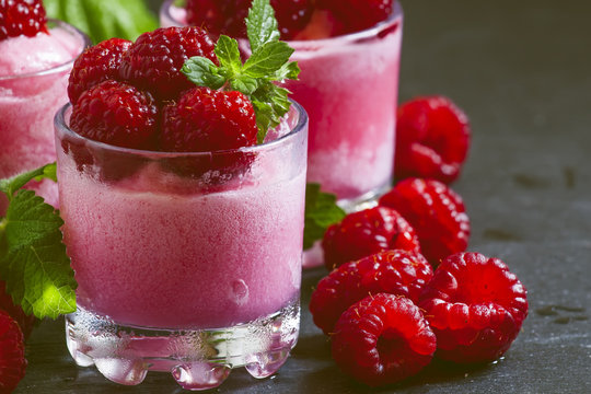 Raspberry Granita With Berries And Mint In Glass Cups, Selective