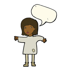 cartoon woman in patched clothing with speech bubble
