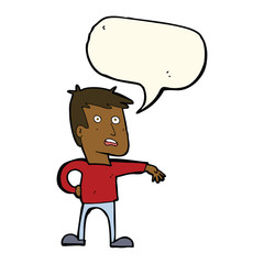 cartoon man making camp gesture with speech bubble