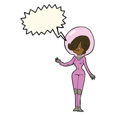 cartoon space woman with speech bubble