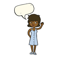 cartoon pretty woman waving with speech bubble