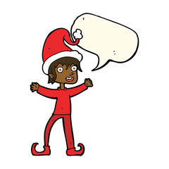 cartoon excited christmas elf with speech bubble