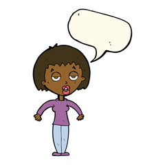 cartoon woman shrugging shoulders with speech bubble