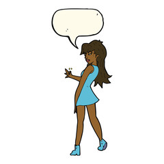 cartoon woman posing in dress with speech bubble