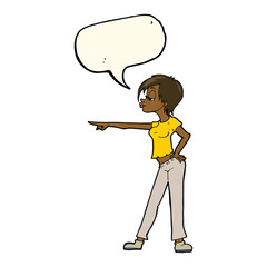 cartoon woman pointing with speech bubble