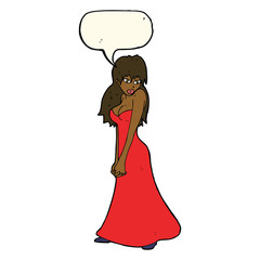 cartoon pretty woman in dress with speech bubble