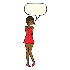 cartoon pretty woman in dress with speech bubble