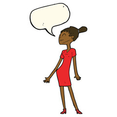 cartoon woman in dress with speech bubble