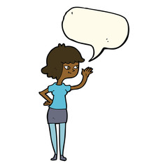 cartoon friendly girl waving with speech bubble