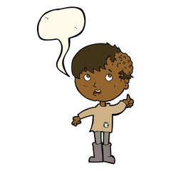 cartoon boy with growth on head with speech bubble