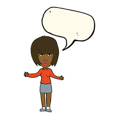 cartoon woman shrugging shoulders with speech bubble