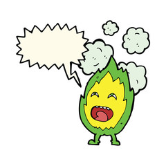 cartoon flame character with speech bubble