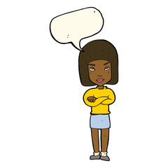 cartoon woman with crossed arms with speech bubble