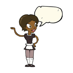 cartoon woman in maid costume with speech bubble