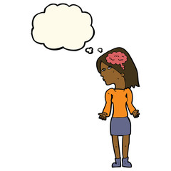 cartoon clever woman shrugging shoulders with speech bubble