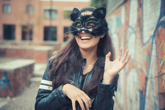 cat mask young beautiful brunette woman
