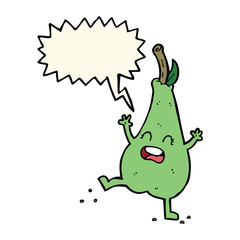 cartoon happy dancing pear with speech bubble