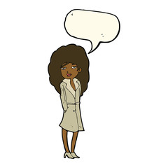 cartoon female spy with speech bubble