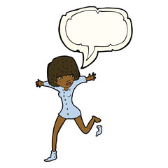 cartoon woman kicking off sock with speech bubble