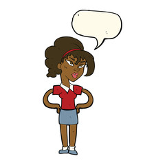 cartoon woman with hands on hips with speech bubble